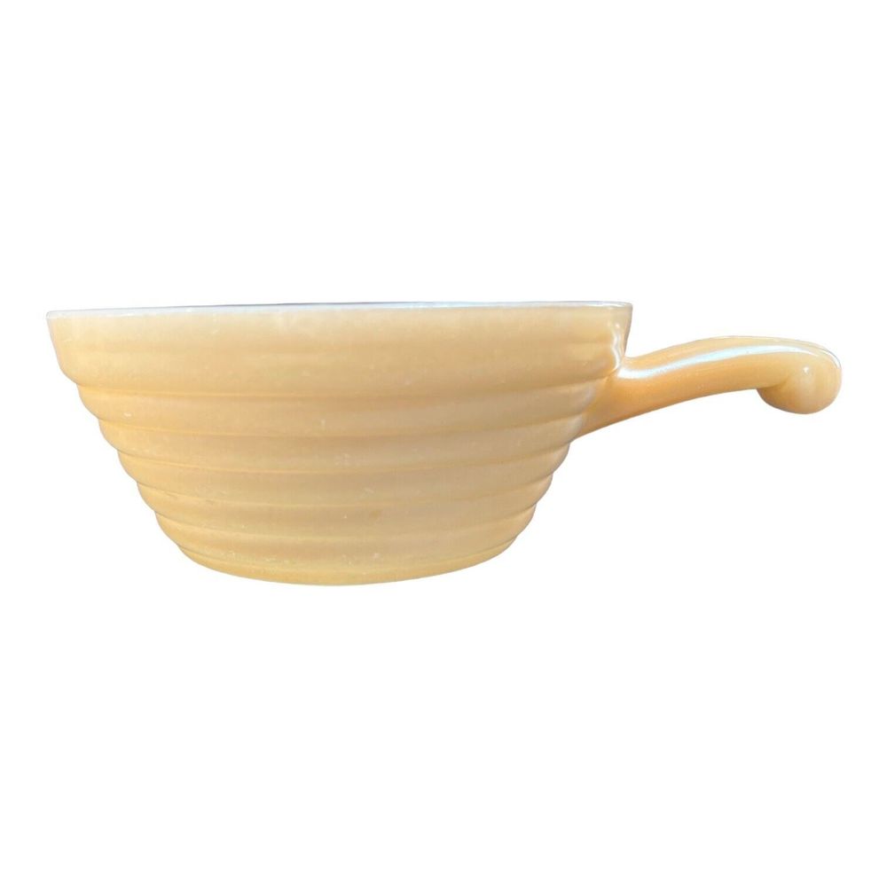 Fire King Peach Lusterware Handled Anchor Hocking Soup Bowls (4) Milk Glass - Picture 4 of 7